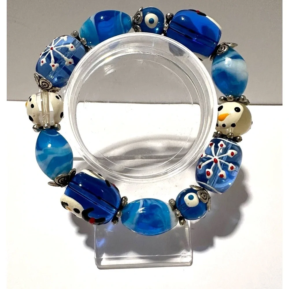 Glass Beads Stretch Bracelet Blue White Snowman Snowflake‎ Christmas Handmade